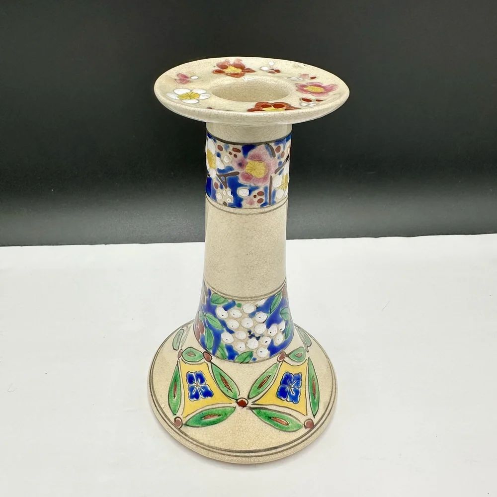 Boho Hand Painted Candlestick Holder 6” Japan Flowers Glazed Ceramic
